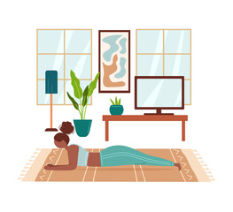 Home yoga. The interior of the room and the girl. Banner on a white background