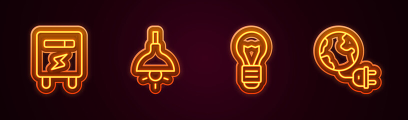 Set line Electric meter, Lamp hanging, Creative lamp light idea and Global energy planet with plug. Glowing neon icon. Vector