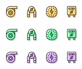 Set line Lightning bolt, Roll adhesive tape, Magnet and Electric meter icon. Vector