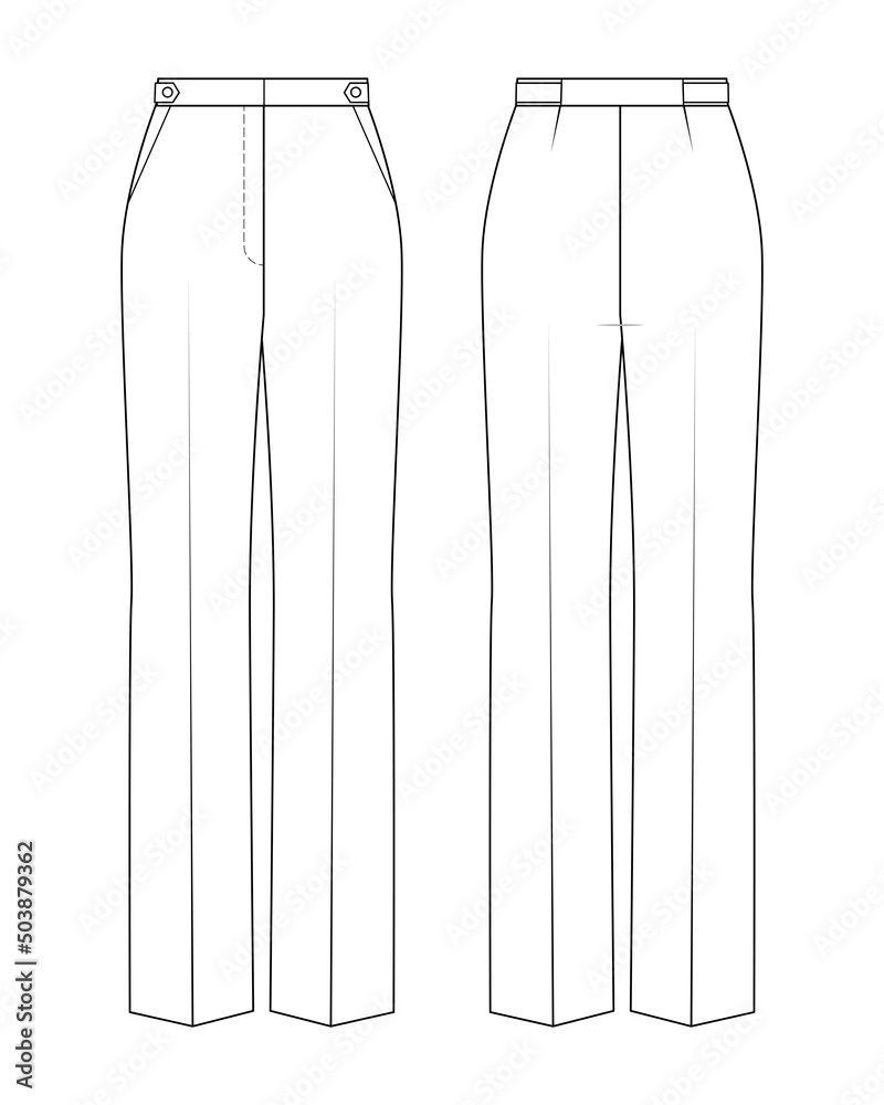 Poster fashion technical drawing of straight leg trousers.