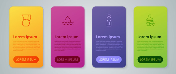 Set line Bottle of water, Big bottle with clean, Jug glass and Water drop. Business infographic template. Vector