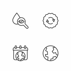 Set line Earth globe, World day, Drop and magnifying glass and Recycle symbol icon. Vector