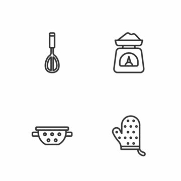Set line Oven glove, Kitchen colander, whisk and Scales icon. Vector