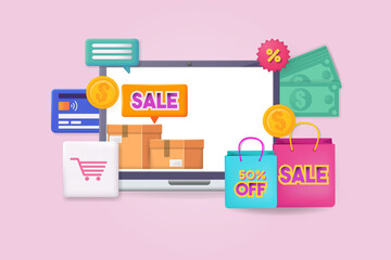 3D style vector webshop and shopping concept.