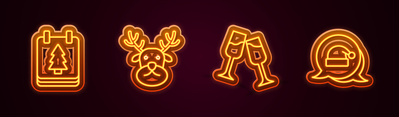 Set line Christmas day calendar, Reindeer, Glass of champagne and Santa Claus hat. Glowing neon icon. Vector