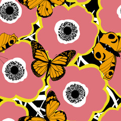 seamless pattern large flowers anemones with butterflies warm colors