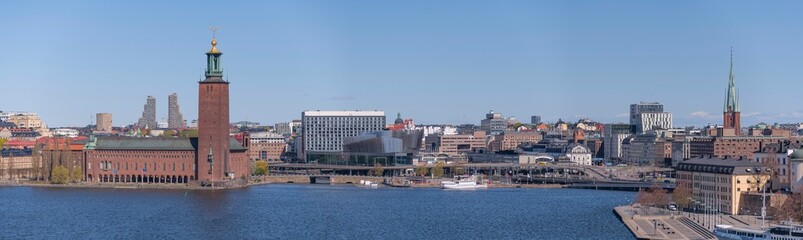 Panorama skyline view over down town and the north district a sunny spring day in Stockholm - obrazy, fototapety, plakaty