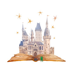 Fantasy castle. Story book watercolor illustration isolated on white background.