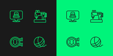 Set line Yarn ball, Leather, Thimble for sewing and Sewing machine icon. Vector