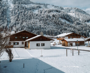 Traditional Austrian Chalet houses in the town of Tannheim, Tyrol