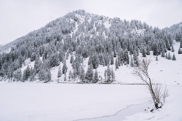 The frozen Lake Visalp near Tannheim, Tyrol, Austria in winter