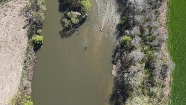 Aerial view of Chepelarska River, pouring into the Maritsa River near city of Plovdiv, Bulgaria