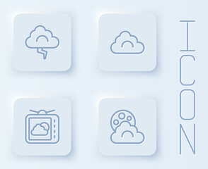 Set line Cloud and lightning, Weather forecast and with moon. White square button. Vector