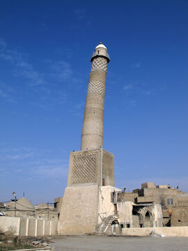 The Great Mosque of Mosul was built in 1172 by Nureddin Zengi. Only the minaret of the mosque has survived to the present day. Mosul, Iraq.