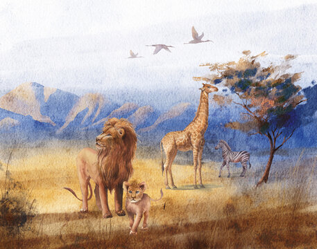 Watercolor landscape: african savannah. Hand painted nature view with tree, mountains and animals. Beautiful safari scene