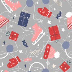 Seamless pattern with winter ornament. Christmas print with socks, hats, gifts, sweets, ice skates. Vector graphics.