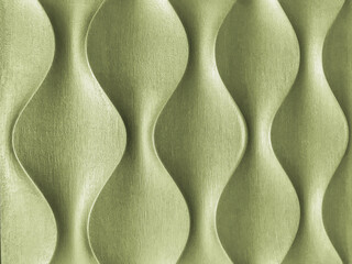 Light green 3D interior decorative wall panel with wavy geometric shape. Wooden olive background...