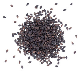 Black sesame seeds isolated on white background. Organic spice. Top view.