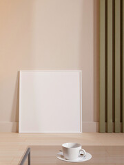 Fototapeta na wymiar Modern and minimalist square white poster or photo frame mockup leaning against the room wall. 3d rendering.