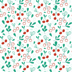 Cherry line seamless pattern. Fruit vector flat pattern. Red and green objects, leaves, berries. Spring and summer design