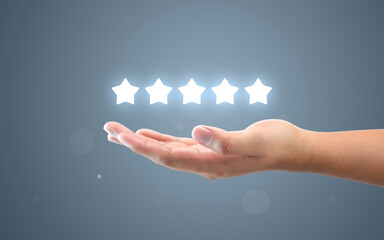 Hand review customer feedback glowing rating five star service best product quality of ranking...