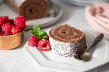 Slice of chocolate roll cake or swiss dessert cake with raspberries.