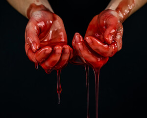 Women's hands in a viscous red liquid similar to blood.