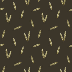 Watercolor seamless pattern with vintage grass leaves embroidery isolated on dark background. Needlework collection.
