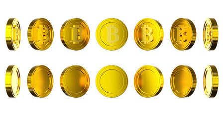 Golden coin, Bitcoin, isolated on white background. 3d rendering.