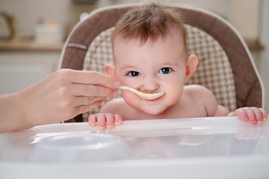 Mother feeding toddler baby from a spoon on a high chair for children, home kitchen background. Child boy at age of six months eats applesauce while sitting on a baby chair