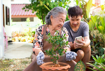 adult grandson showing grandma a smartphone, a variety of planting ornamental.concept of family activity at home