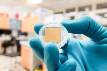 An SPR (surface plasmon resonance) chip made of gold. SPR is a laboratory technique used for...