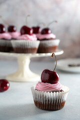 Cherry chocolate cupcakes. Homemade baked treat or dessert