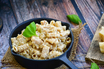   Gluten free Chickpea pasta.Fresh  low carb  high protein pasta rigatoni alla carbonara with  cream sauce  , becon  egg, parmesan cheese ,olive oil and black pepper) 
