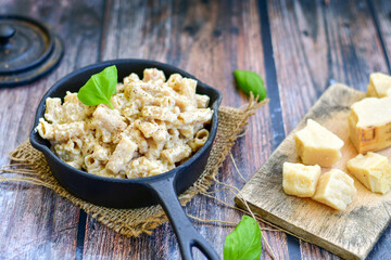   Gluten free Chickpea pasta.Fresh  low carb  high protein pasta rigatoni alla carbonara with  cream sauce  , becon  egg, parmesan cheese ,olive oil and black pepper) 