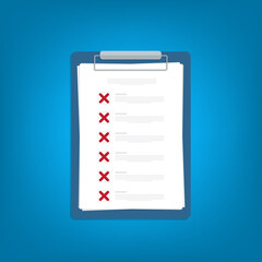 Clipboard with X marks. Failed checklist. Checklist, unfinished tasks, to-do list, survey concept. Flat style vector illustration.