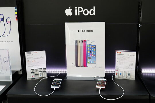 
TOKYO, JAPAN - June 21, 2019: A Display Of 2019 IPod Touch MP3 Players In A Branch Of The Japanese Electrical Retailer Yodobashi Camera.