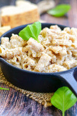  Gluten free Chickpea pasta.Fresh  low carb  high protein pasta rigatoni alla carbonara with  cream sauce  , becon  egg, parmesan cheese ,olive oil and black pepper) 