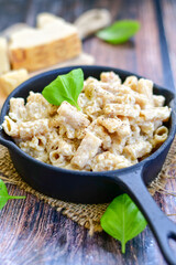   Gluten free Chickpea pasta.Fresh  low carb  high protein pasta rigatoni alla carbonara with  cream sauce  , becon  egg, parmesan cheese ,olive oil and black pepper) 