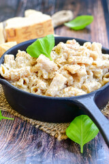   Gluten free Chickpea pasta.Fresh  low carb  high protein pasta rigatoni alla carbonara with  cream sauce  , becon  egg, parmesan cheese ,olive oil and black pepper) 