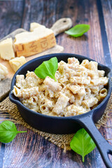  Gluten free Chickpea pasta.Fresh  low carb  high protein pasta rigatoni alla carbonara with  cream sauce  , becon  egg, parmesan cheese ,olive oil and black pepper) 