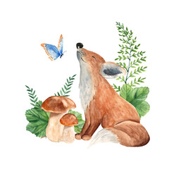 Cute baby fox with butterfly, mushrooms and green leaves. Kid forest watercolor illustration.