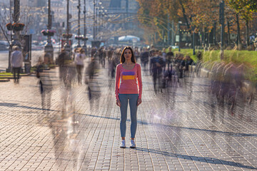 The ukrainian woman standing on the crowded street