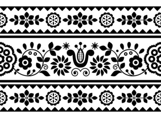 Floral cute Polish folk art vector seamless embroidery long horizontal pattern inspired by traditional designs Lachy Sadeckie from Poland - textile or fabric print ornament in black and white

