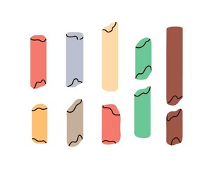Crayon sticks of different colour. Used dry pigments for painting, drawing. Broken wax pastel assortment. Art supplies, stationery. Flat vector illustration isolated on white background