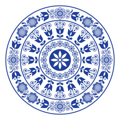 Scandinavian folk art vector mandala design, cute pattern with flowers retro style in navy blue on white background
