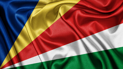 Close up realistic texture fabric textile silk satin flag of Seychelles waving fluttering background. National symbol of the country. 29th of June, Happy Day concept
