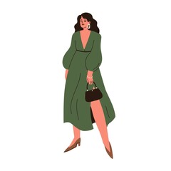 Woman in fashion dress for evening party. Pretty girl wearing stylish clothes, purse, shoes. Female in elegant apparel, modern outfit, accessory. Flat vector illustration isolated on white background