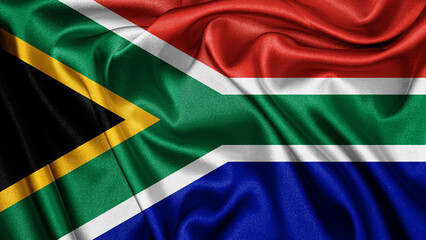 Fototapeta premium Close up realistic texture fabric textile silk satin flag of South Africa waving fluttering background. National symbol of the country. 27th of April, Happy Day concept 