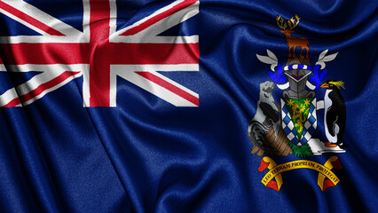 Fototapeta premium Close up realistic texture fabric textile silk satin flag of South Georgia waving fluttering background. National symbol of the country. 26th of May, Happy Day concept 